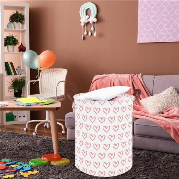 Pink heart laundry hamper basket toy organizer baby nursery storage bin 19x16 - Picture 2 of 8